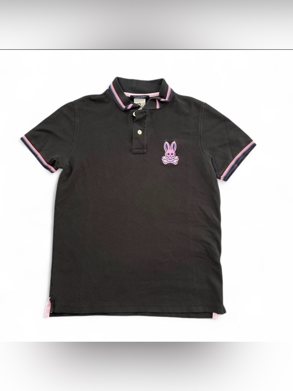Psycho Bunny Black Polo with Pink Trim and Embroidered Bunny Logo